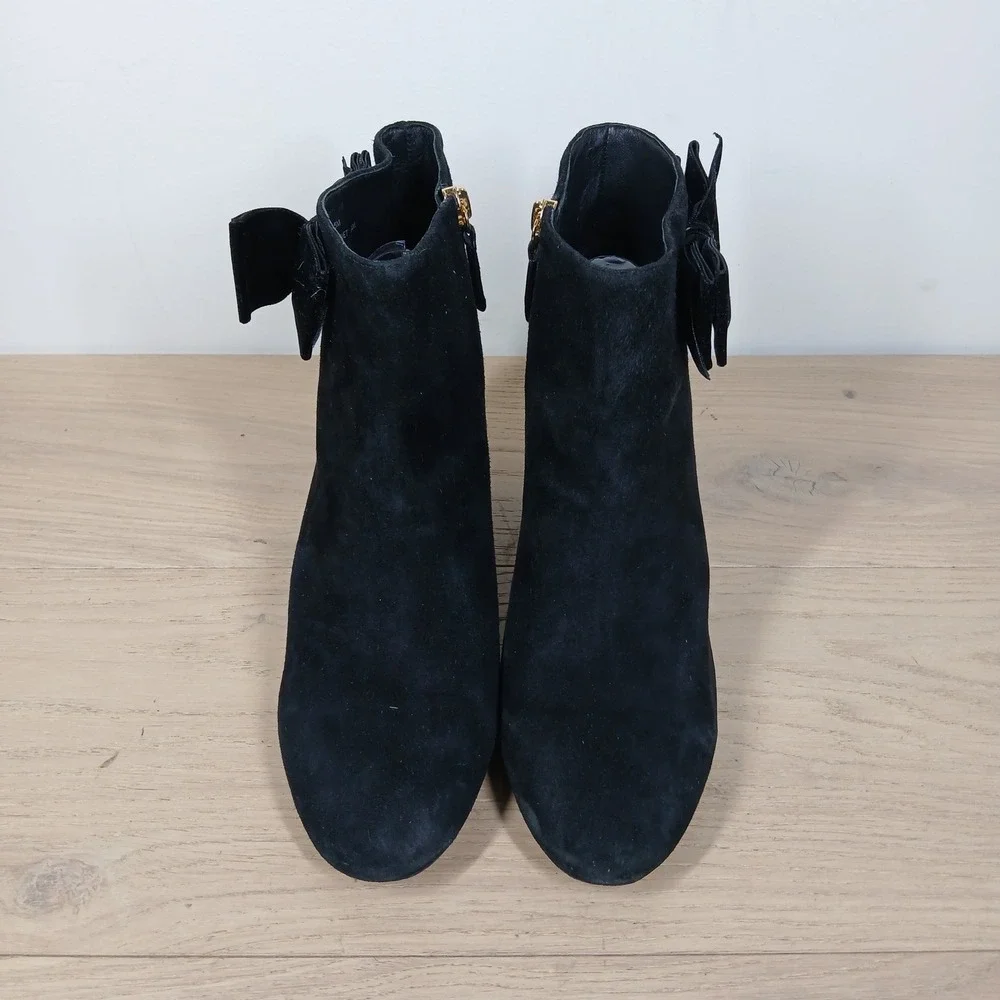 Kate Spade Ankle Boots Womens 9.5 Black Suede Bow Block Heel Feminine Dressy